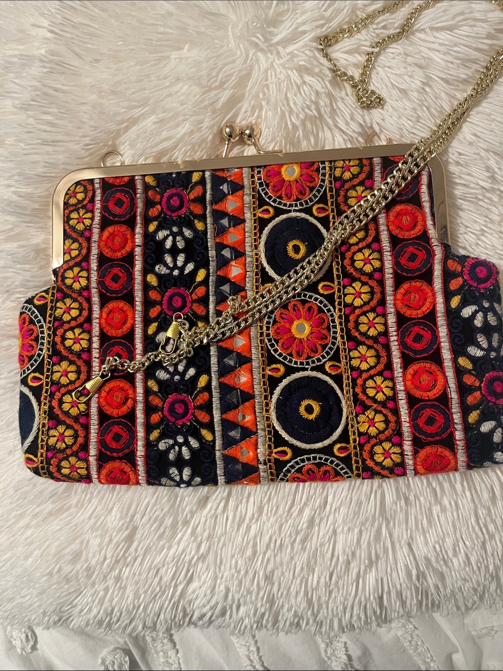Embroidered Multicolor Frame Clutch with Chain Strap